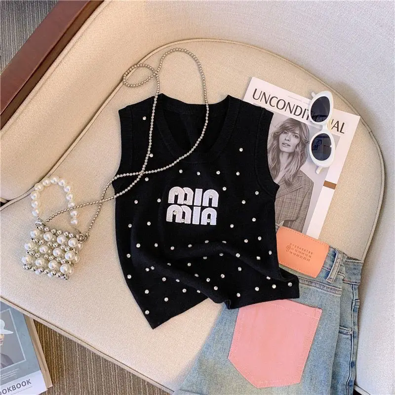 

French Style Vintage Sweet Sexy Diamonds Tanks Summer Y2k Letter Printed O-neck Top Women Fashion Sleeveless Knit Vest