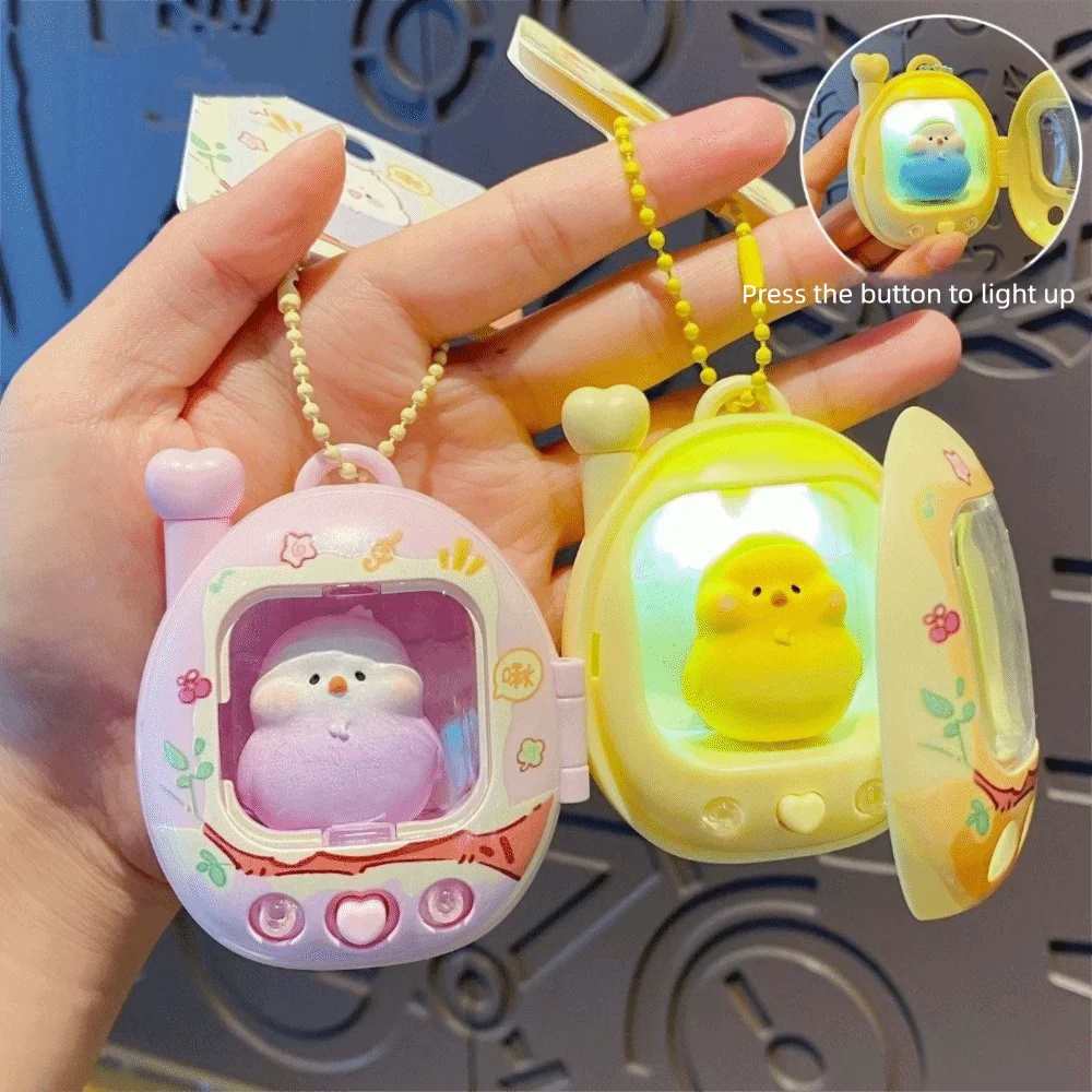Kids Cute Mini Parrot Keychain Press Flash Bag Charm Light Up Pendant Retro Television Pet Lovers Birds Doll Keyring For Bestie