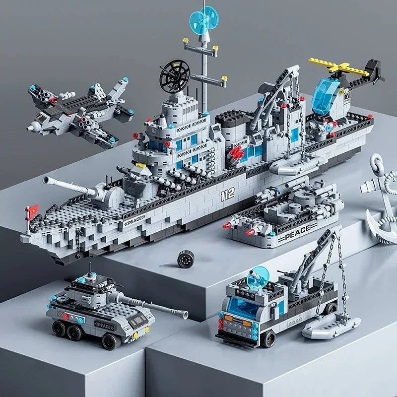 1560PCS Military Aircraft Carrier Building Blocks 6IN1 High-Difficulty Destroyer Ship Assembly Model Decoration Gift