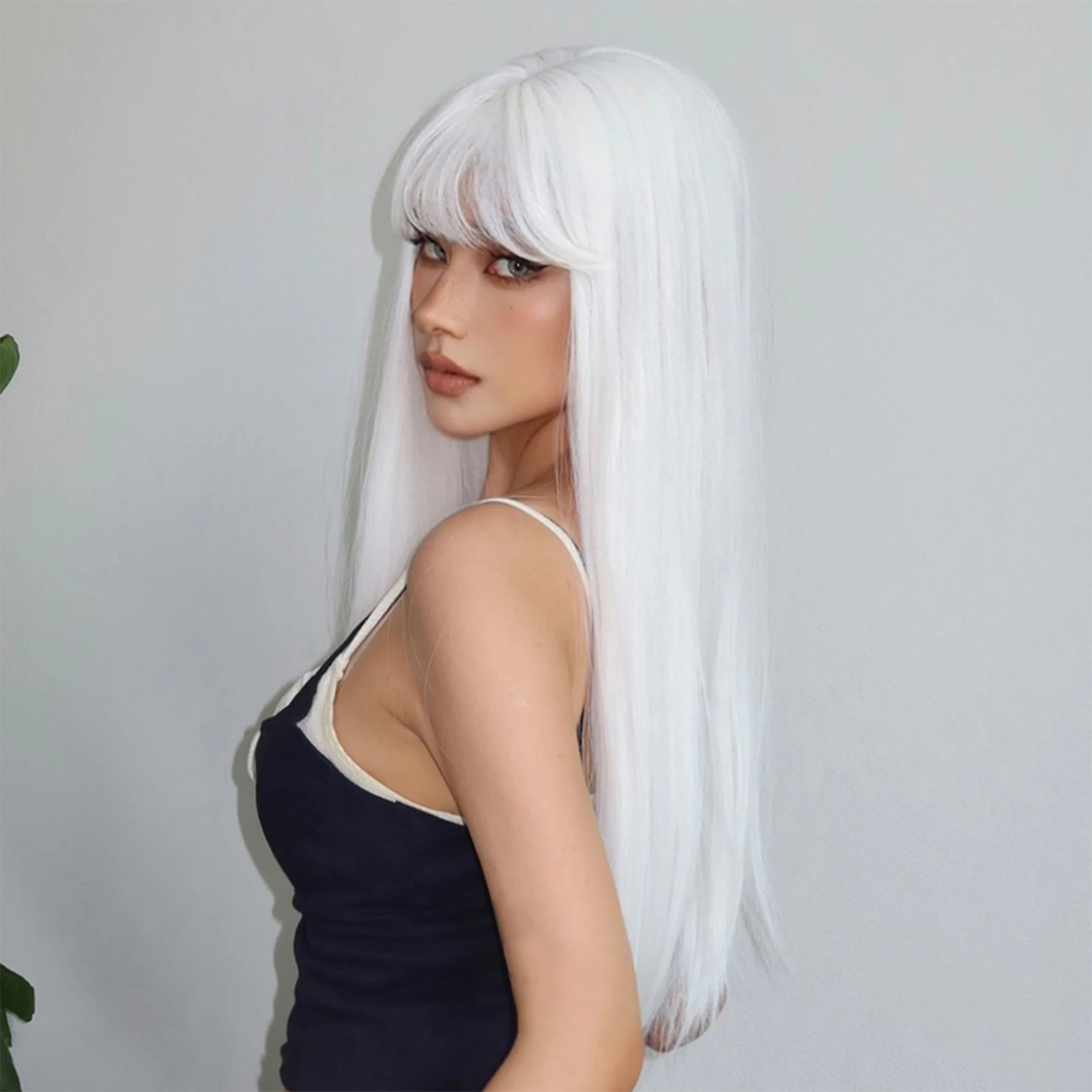 Synthetic White Cosplay Wig Long Straight Blonde Wigs with Bangs Party Lolita Hair Wig for Women Heat Resistant Halloween Hair