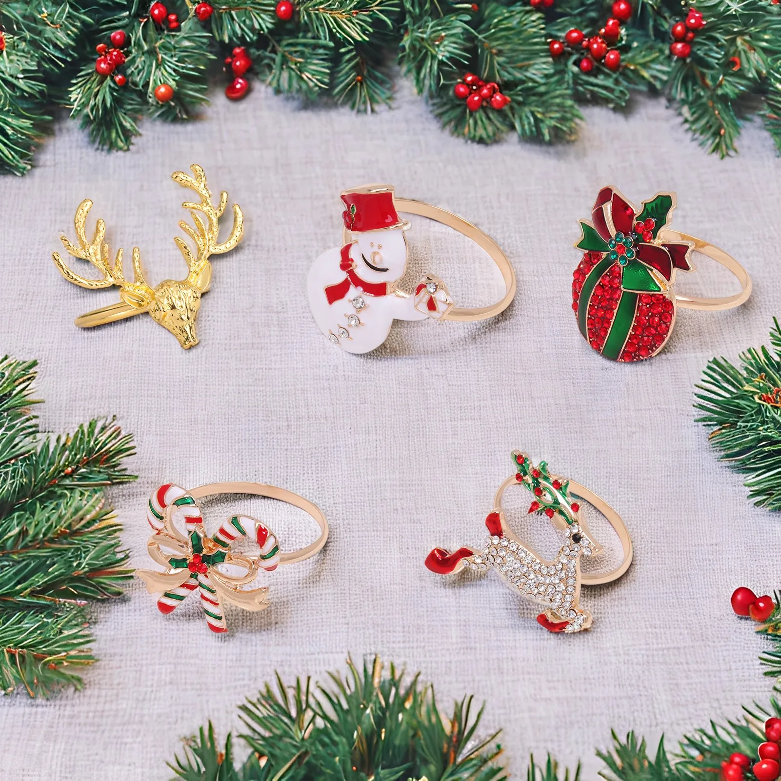

5pcs Christmas Napkin Rings Exquisite Metal Rhinestone Napkin Clasps 2025 Navidad New Year Thanksgiving Day Party Decorations