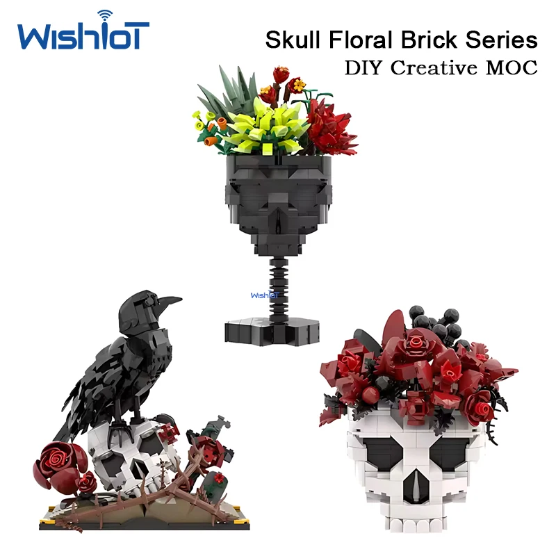 Skull Roses Bouquet Building Blocks Gothic Crow Flowers Plant Pot Bricks MOC Home Decor Assembly Toy Kids Adults DIY Gift