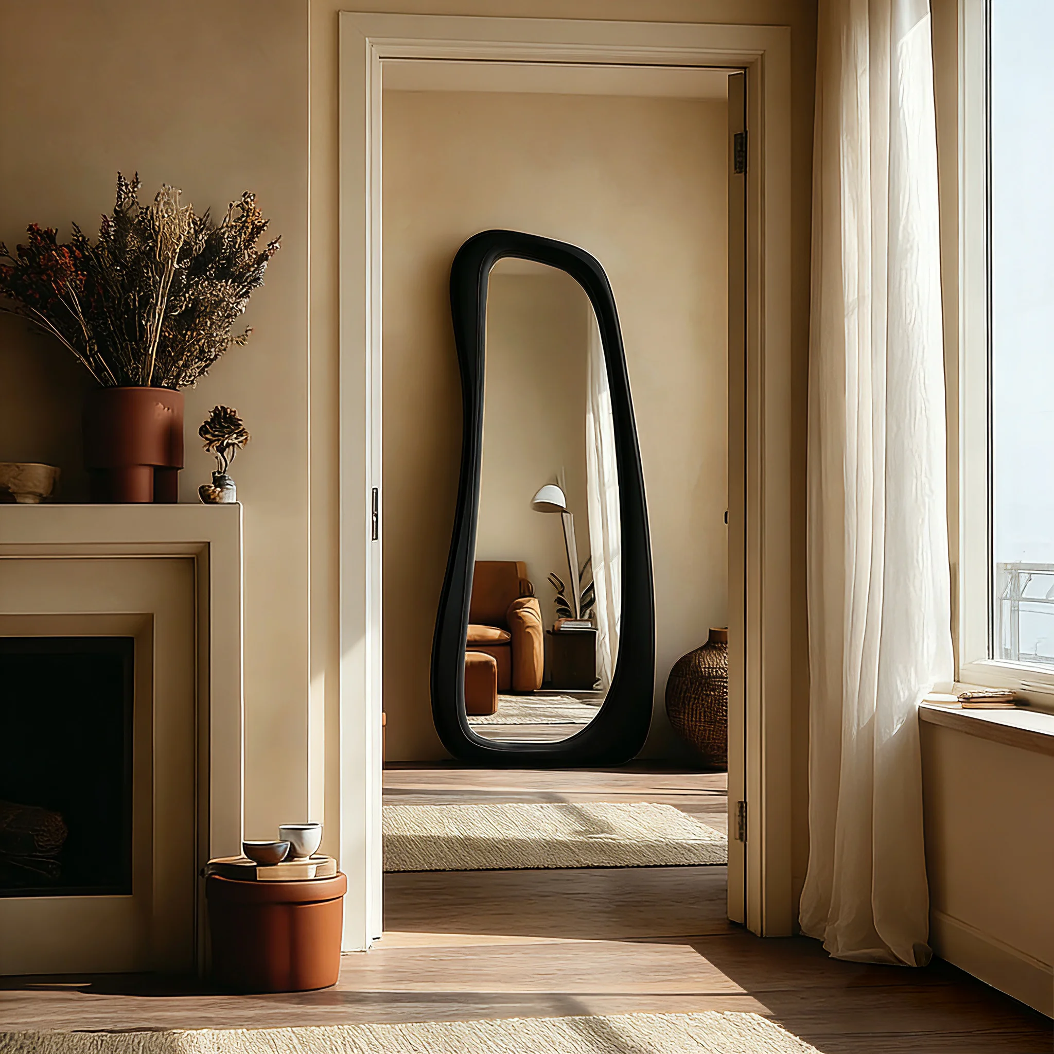 Silent wind special-shaped full-body mirror irregular wave floor mirror advanced sense Internet celebrity black frame full-lengt view 3