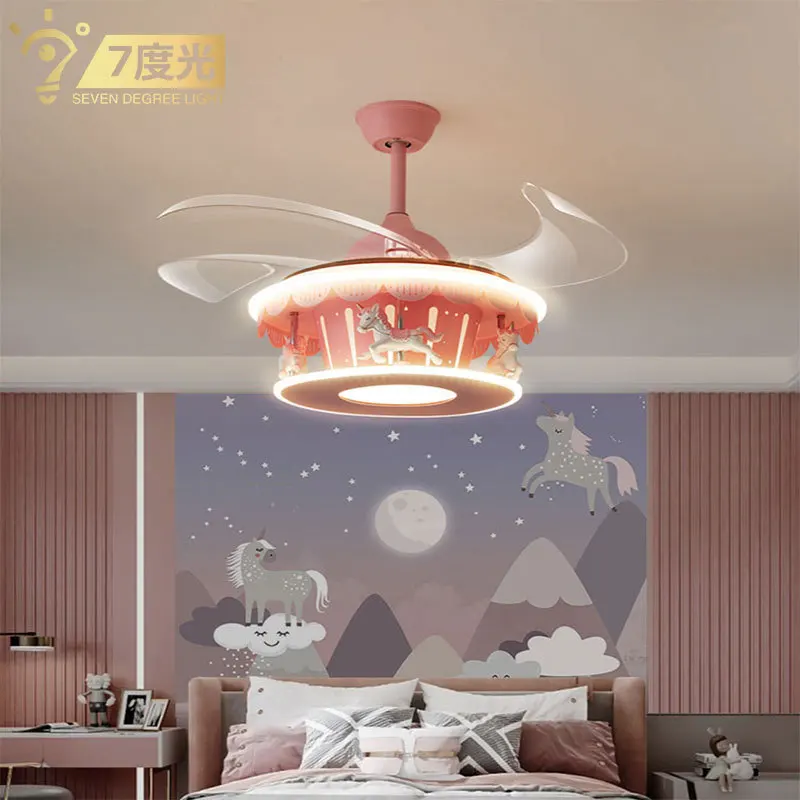 Children's Room Chandelier Girls' Room Lamp Bedroom Light Pink Carousel Invisible Fan Lamp