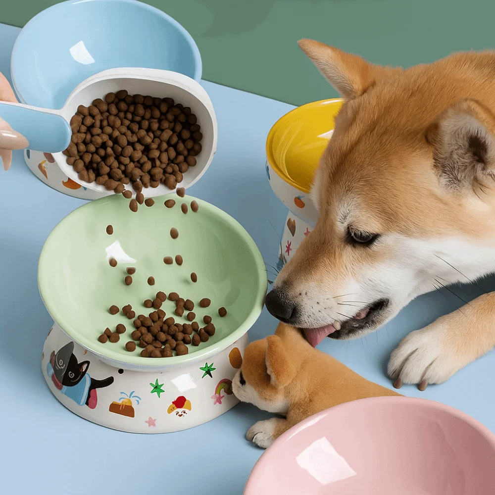

Ceramic Cat Bowl Flat/Slanted Mouth Anti Tipping Pet High Foot Bowl Non-slip Large Capacity Dog Food Feeding Basin