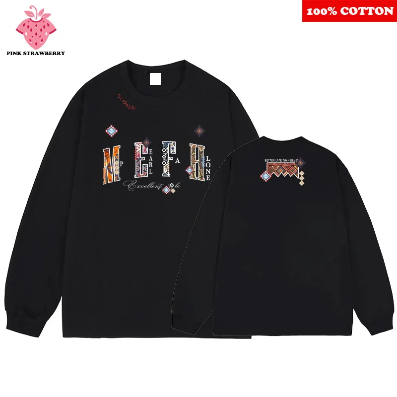 

American Retro Letter Print T-shirt Men Autumn 2025 New 100% Cotton Black O-Neck Long sleeves Tee Casual Y2k Top mens clothing