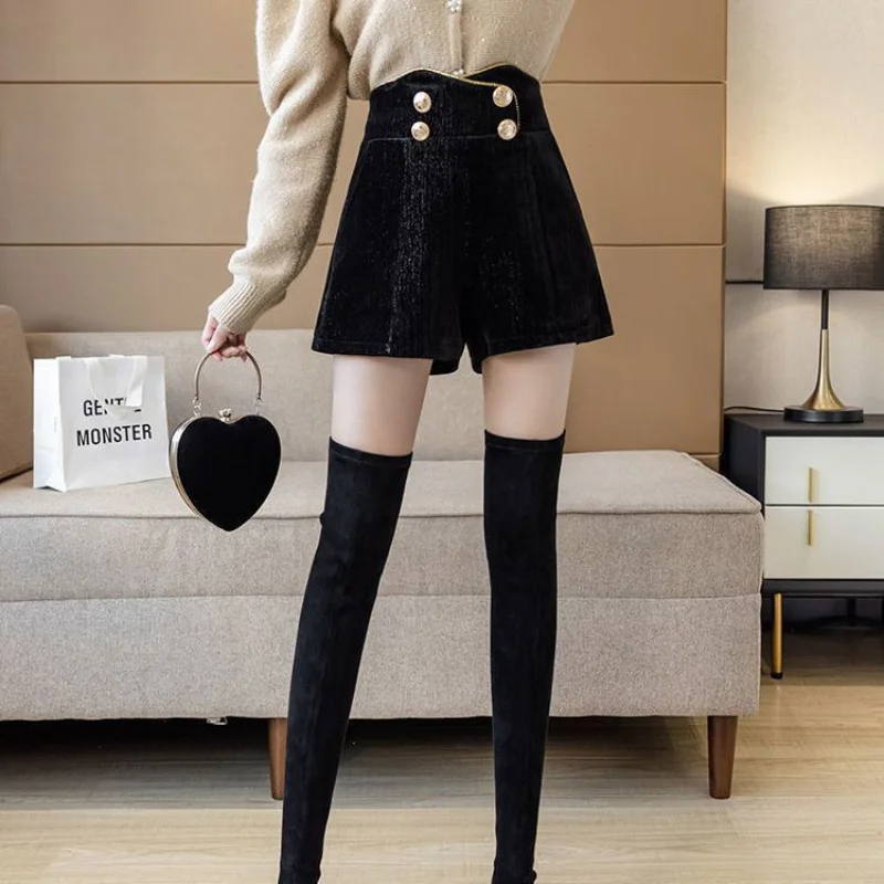 Women Autumn and Winter New Chenille High Waist Shorts Fashionable and Sweet Pocket Elastic Double Breasted Short Wide Leg Pants