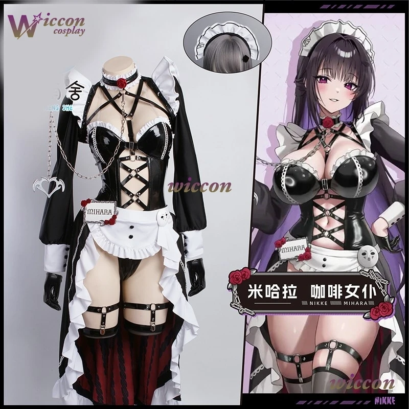 Moe Nikke diosa de la victoria Mihara café traje de sirvienta juego mujeres vestido Sexy traje de tirantes peluca disfraz de Carnaval fiesta de Halloween coágulo