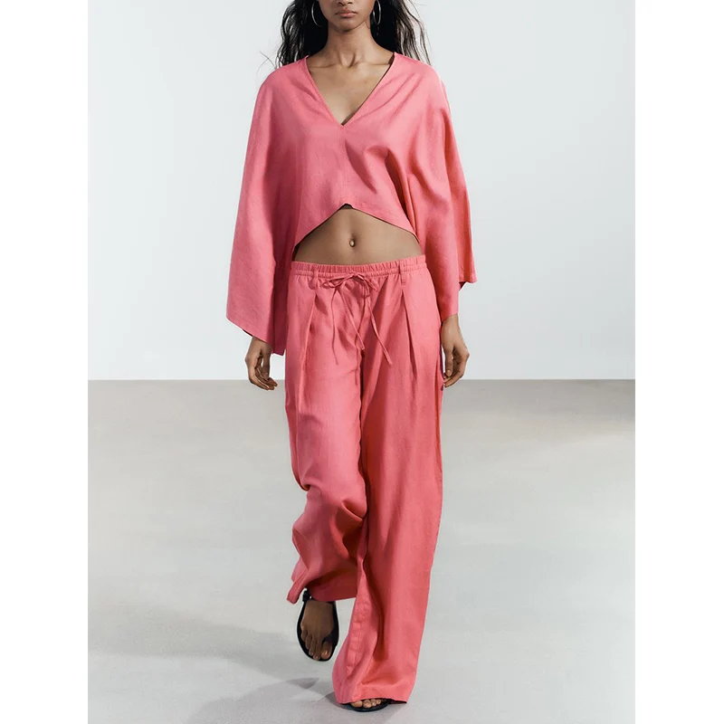 

Asymmetric Linen Blend Kimono Sle Coat 542777 5427772 Wide Leg Pants 542749 Spring Faion Set Long Sve V-Ne Overhead