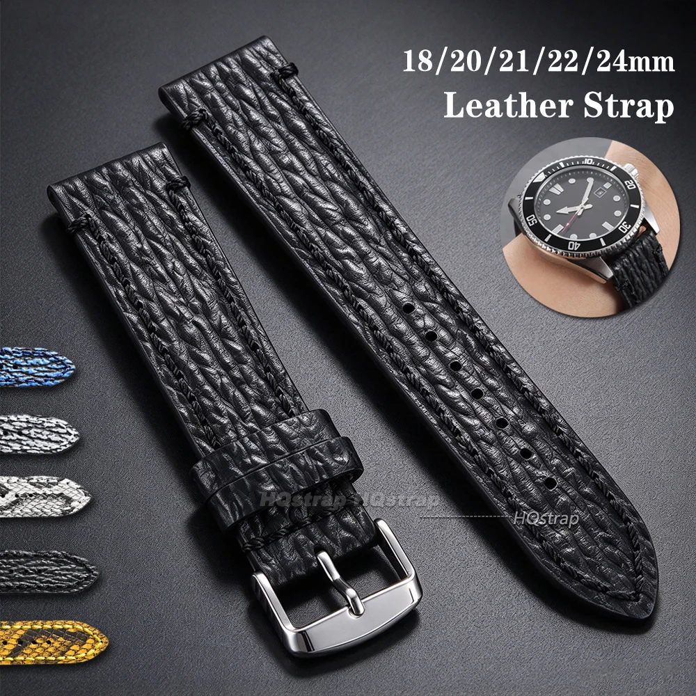 New Shark Pattern Leather Watch Strap 18/19/20/21/22/23/24mm Universal Bracelet Fashion Smartwatch Cowhide Wristbelt Accessories