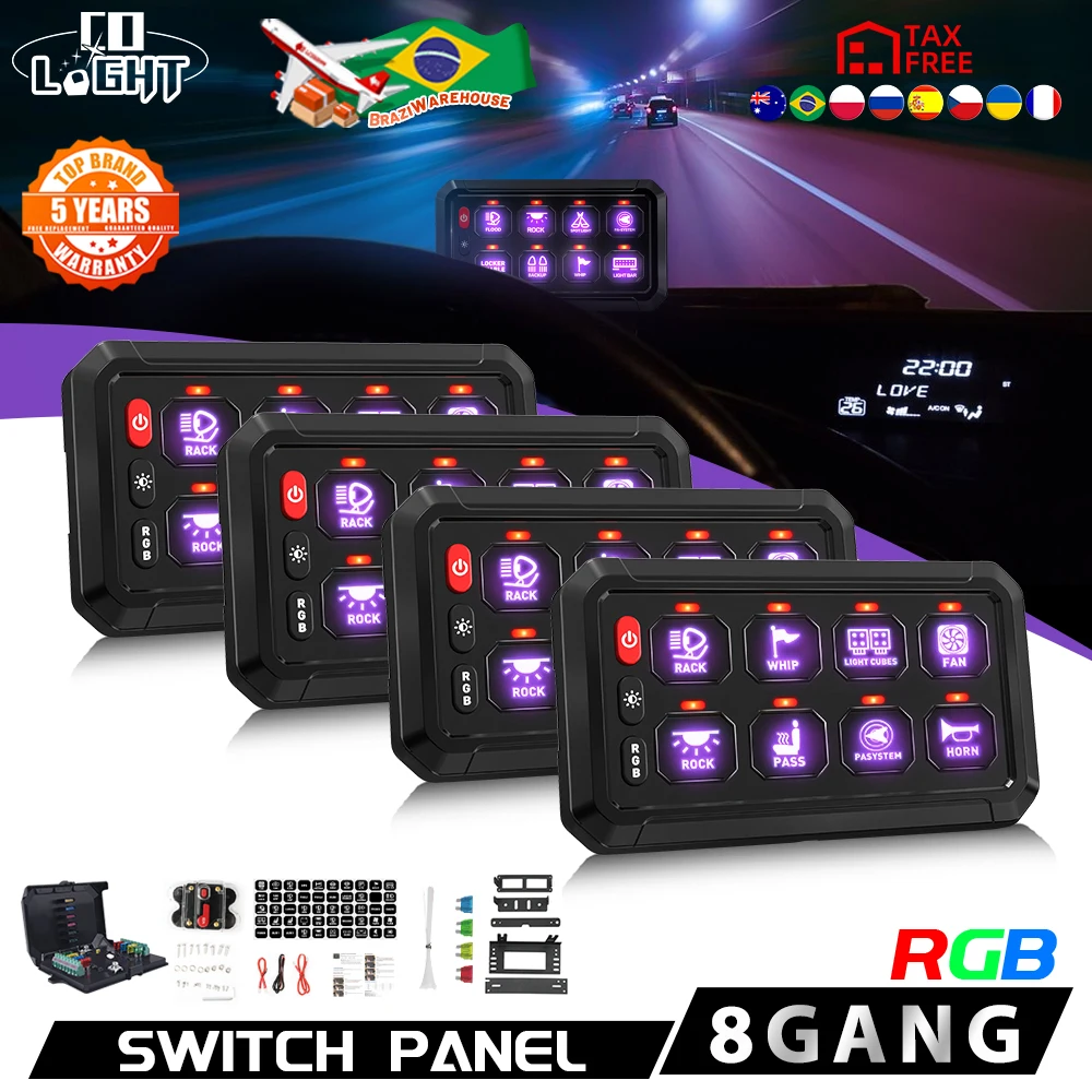 COLIGHT 8 Gangs Switch Panel Universal LED On Off Slim Control DC 12-24V Power System Electronic Relay System for Truck Caravan