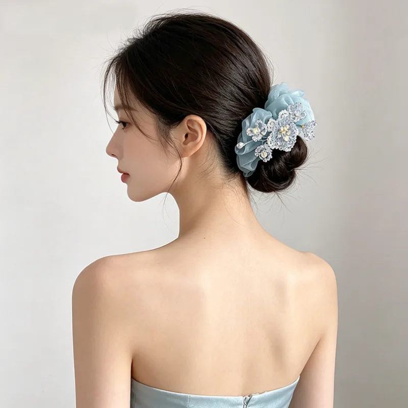 High Grade Blue Mesh Elastic Hair Bands Handmade Crystal Flower Hair Ties Hairband Sweet Hair Headband Accessory and Headwear