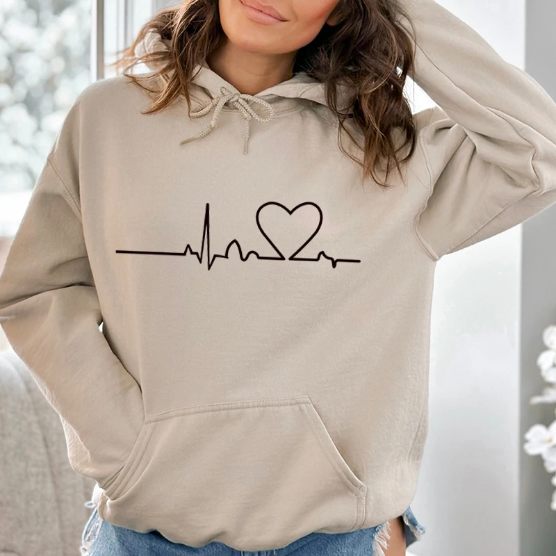 

Autumn and Winter Popular Heartbeat Line Printed Hooded Hoodies For Women Coat Fashion Long Sleeves Sweatshirts Clothing