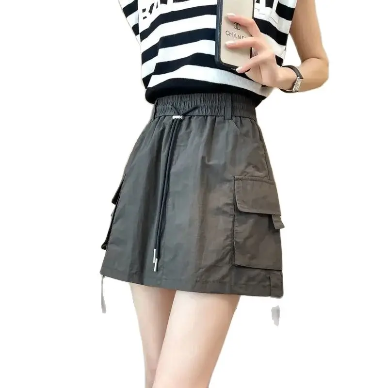 Summer A Word Skirt Women 2024 New Fashion Loose Leisure Work Clothes Miniskirt Drawstring Elastic Waist Short Skirt Female