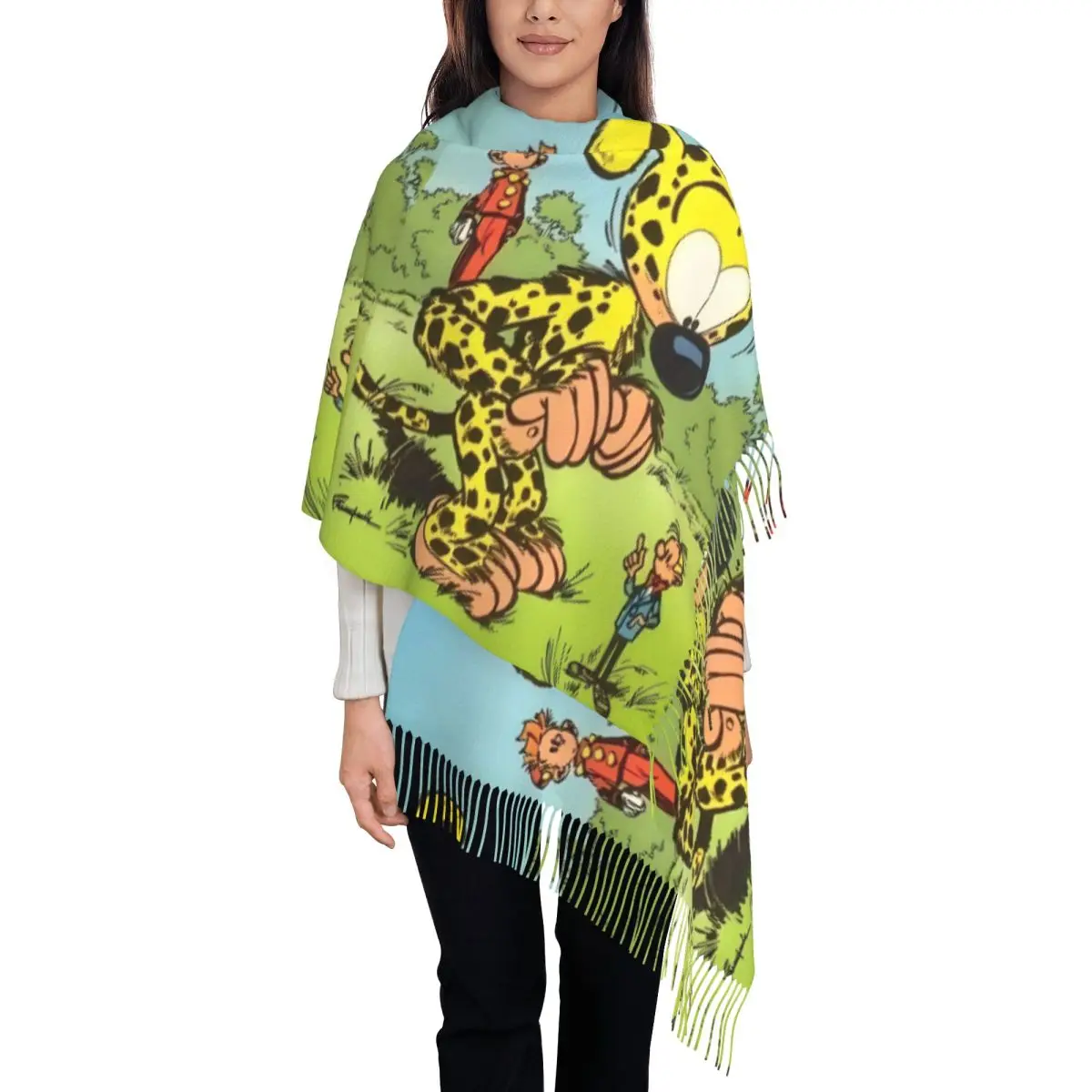 

Шарф с комиксами Marsupilami для женщин, длинные зимне-осенние теплые шаль с кисточками, унисекс, шарфы Spirou & Fantasio