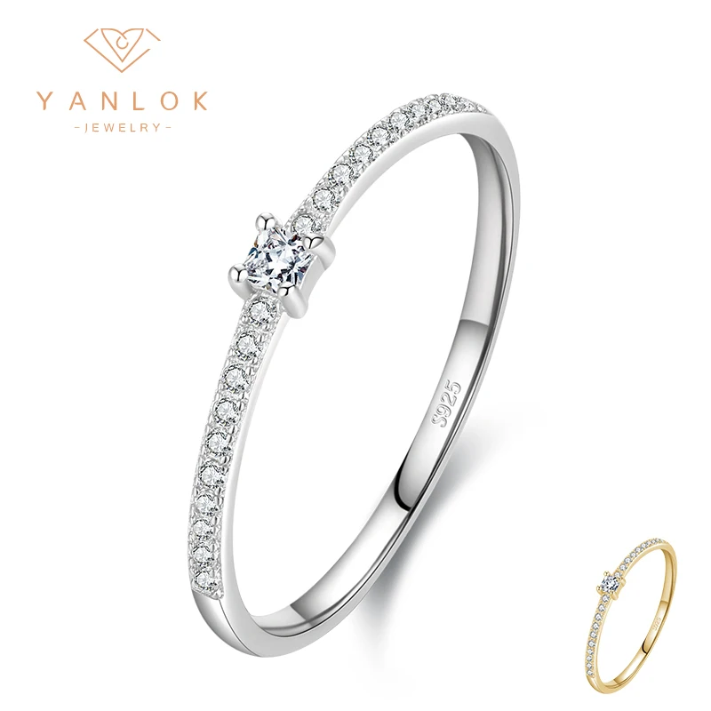 YANLOK Vintage 925 Sterling Silver Sparkling AAAA Cube Zirconia Rings for Women Wedding Stackable Finger Ring Classic Jewelry