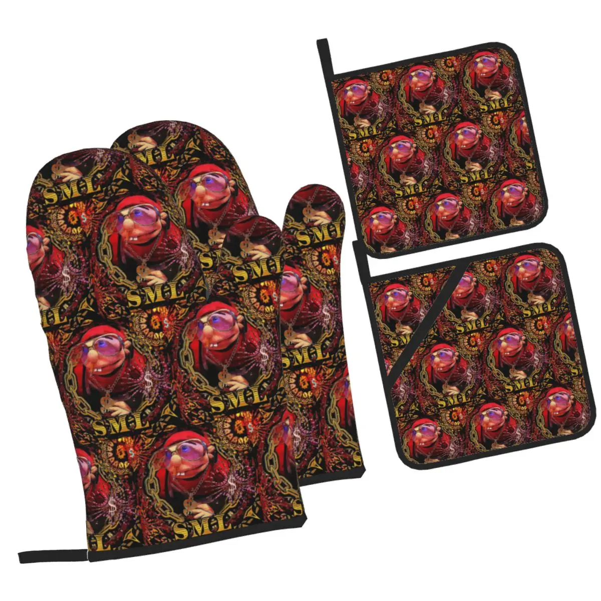 Sml Jeffy Rapper V3 Oven Mitts and Pot Holder Sets of 4 for Baking Kitchen Cooking BBQ Resistant Non-Slip Gloves
