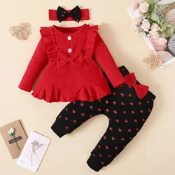 Conjuntos de ropa para bebé y niña, Top rojo con lazo, Pantalones estampados de amor, trajes infantiles informales para recién nacido, 3M, 6M, 12M, 3 piezas