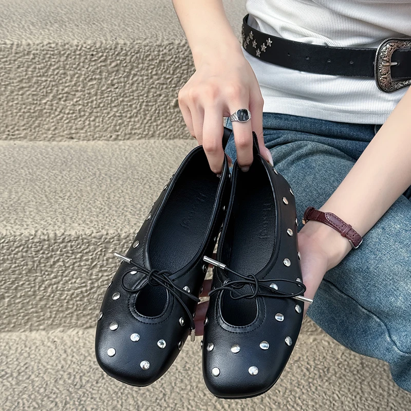 Retro Schwarze Nieten-Schleifen-Ballettschuhe für Damen, Einfarbige Flache Mary Jane Schuhe mit Flachem Absatz – Detail 3