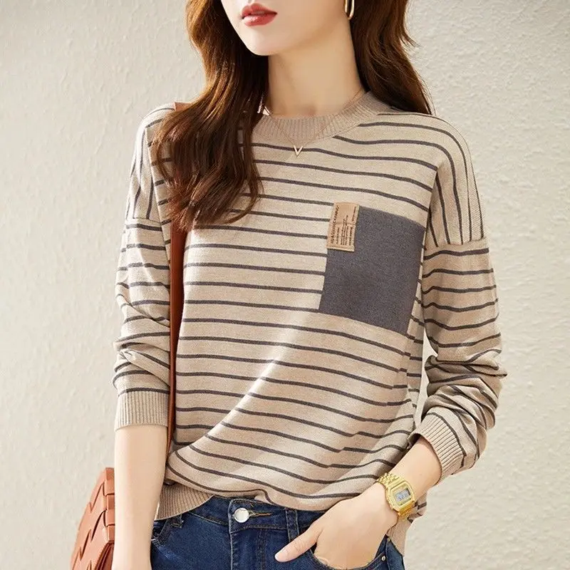 Women\'s Clothing Casual Striped Sweaters Spring Autumn Long Sleeve Korean Round Neck Fashion Patch Designs Loose Knitted Jumpers