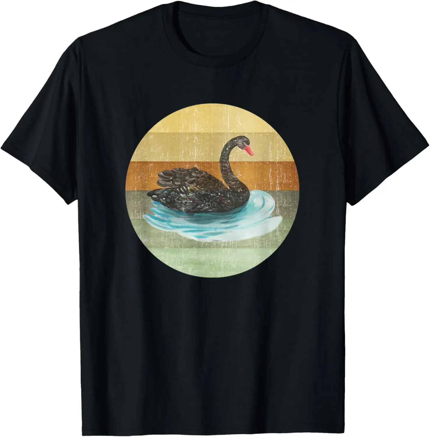 Swan Waterbird Black Watercolor On Distressed Sunset T-Shirt