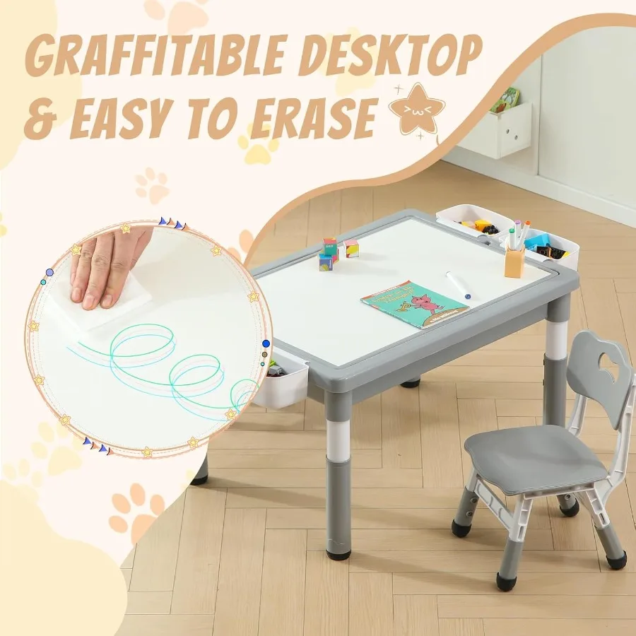 Multi Functional Table and 2 Chairs Set with Graffiti Building Blocks Double-Sided Tabletop Toddler Play Table Featuring Drawer