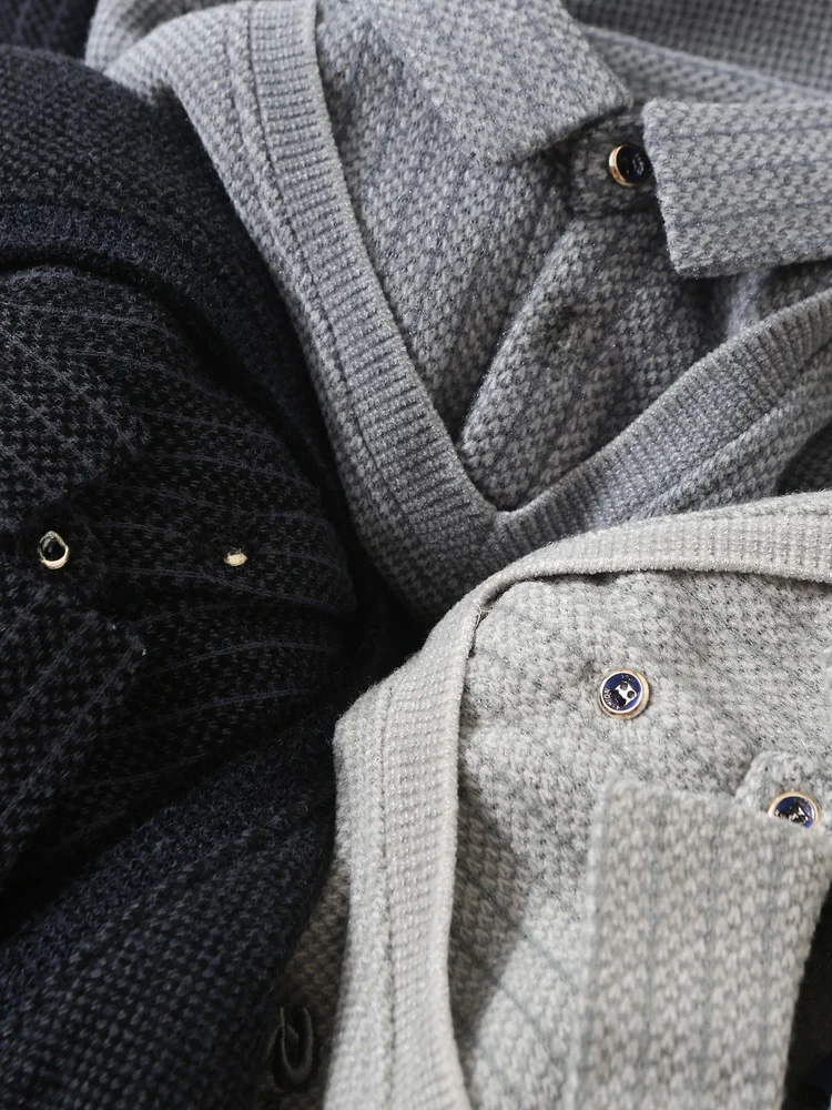 Csa Masculina de Malha com Efeito Duplo, Gola , Camada Interna Quente, Mistura de Aodão, Estilo Casual, Manga Longa,...