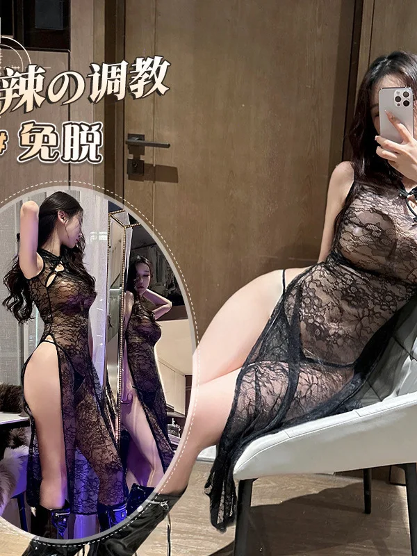 فستان شيونغسام جديد مثير بياقة واقفة مفرغ من الدانتيل الشبكي الشفاف بدون أكمام فستان شيونغسام للنساء بخصر ضيق بفتحة عالية 6B0G