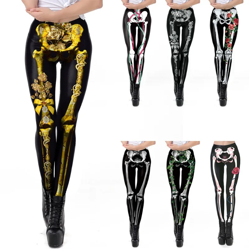 Women Gothic Golden Rose Skeleton Bone Printed Leggings High Waist Elastic Slim Fit Halloween Cosplay Pants