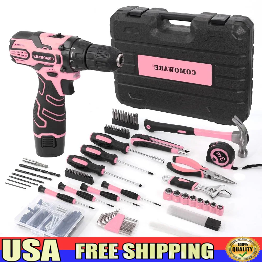 195-Piece Household Tool Set with 12V Pink Cordless Drill Complete Home Repair Kit