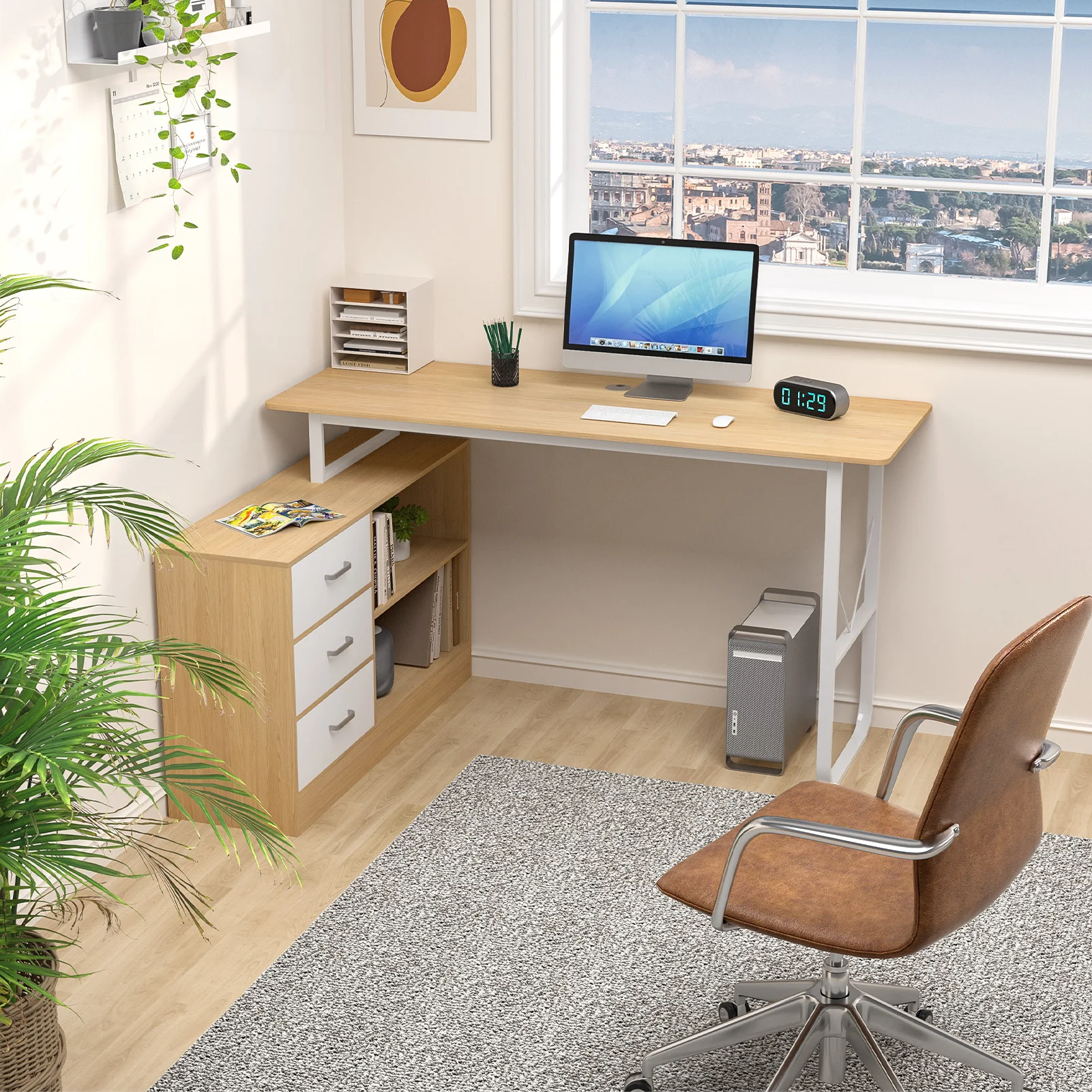 Home Office Computer Desk Corner Desk with 3 Drawers and 2 Shelves, 55 Inch Large L-Shaped Study Writing Table with Storage