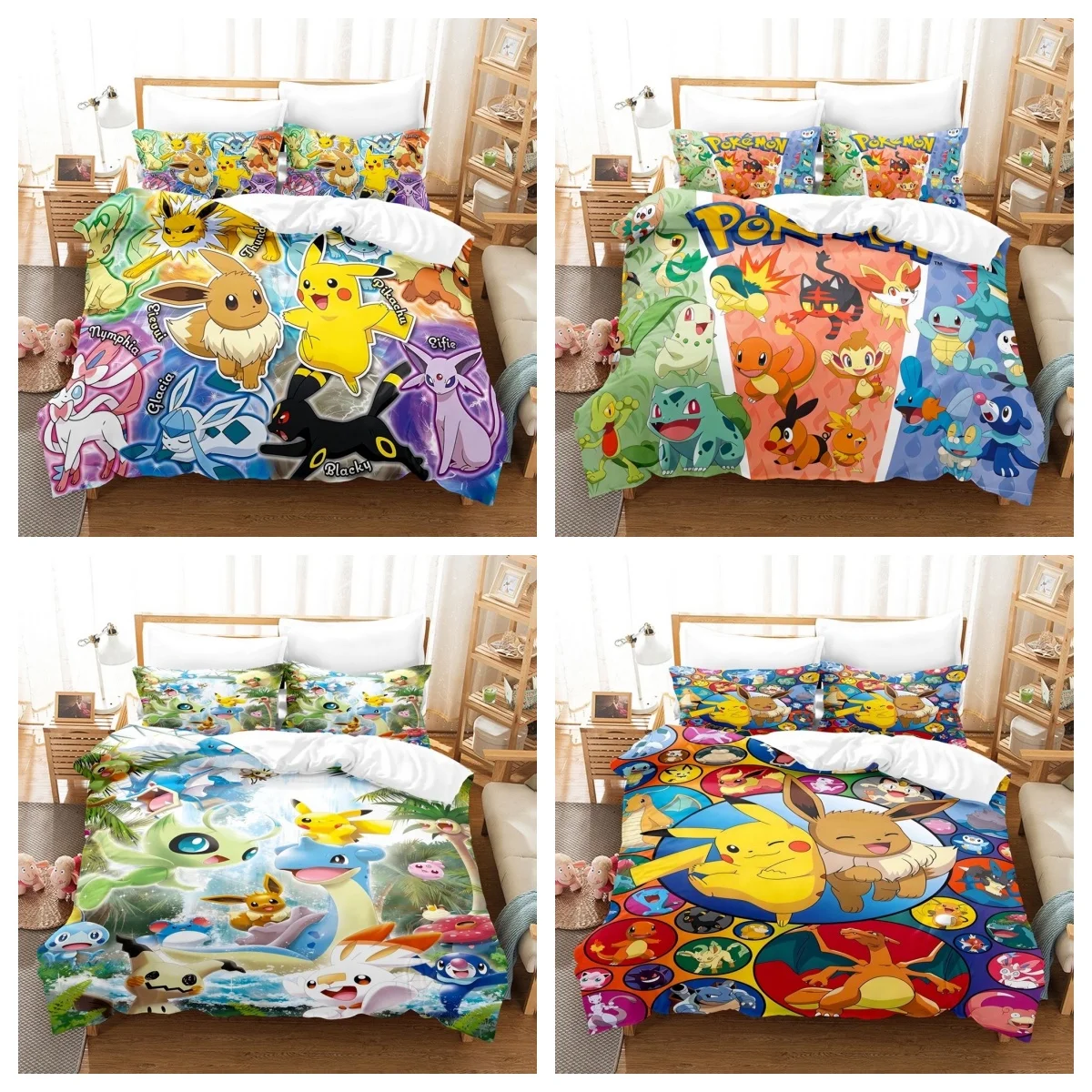 

Комплект постельного белья с мультяшными персонажами Pokemonzd, аниме, для детской спальни, пододеяльник для мальчиков и девочек, односпальная, двуспальная, королевская кровать, пододеяльник с Пикачу, подарок