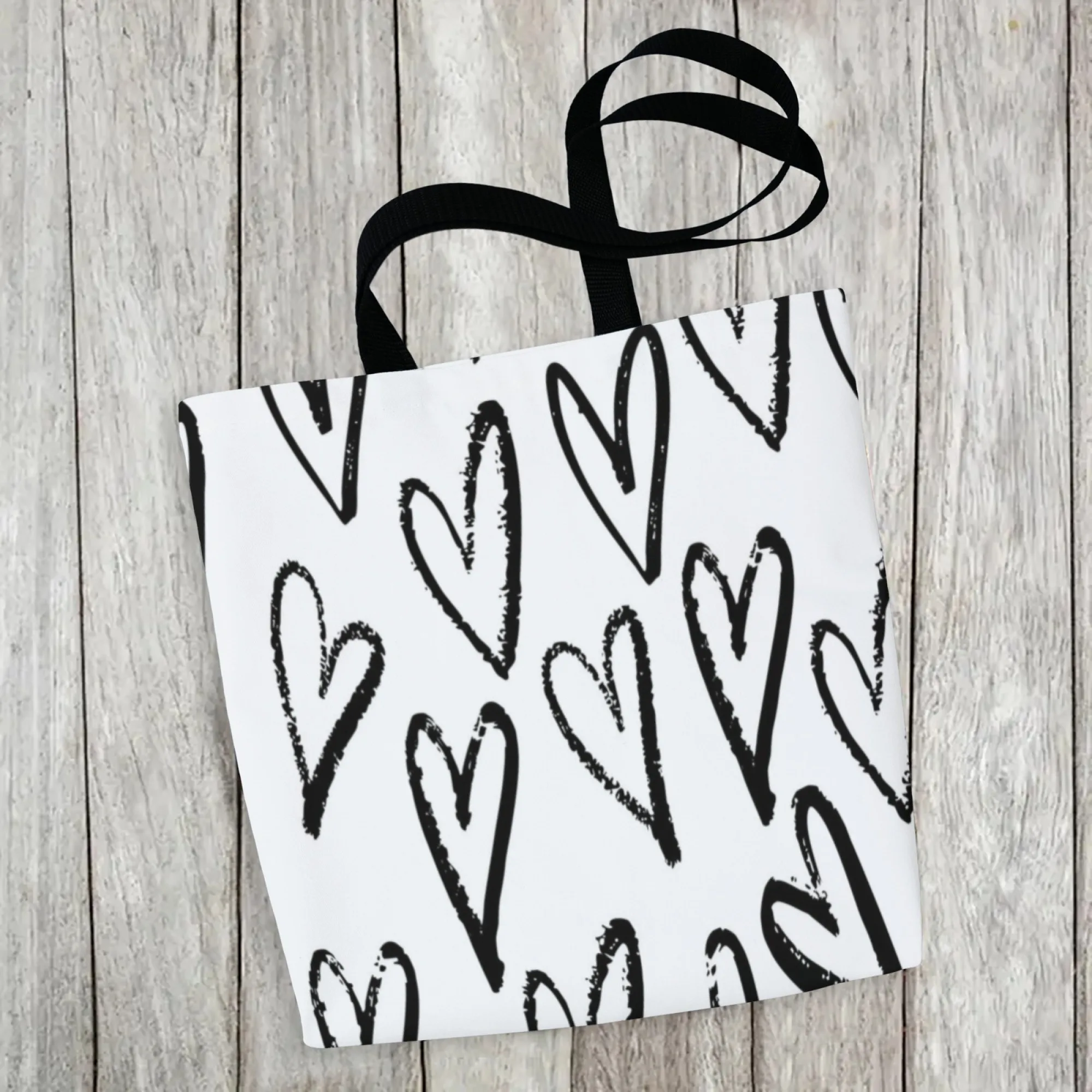Graffiti Heart Style Women Canvas Tote Bag Lack & White Brush Stroke Heart Large Reusable Shopping Bag for Daily Romantic Trips