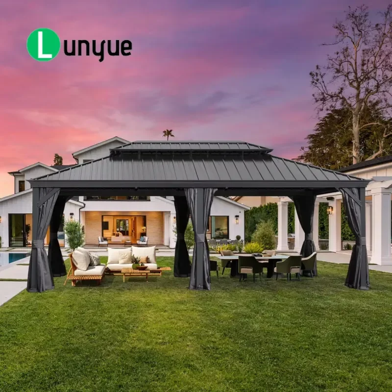 4.2x6.4m Outdoor Hard Top Galvanized Steel Double Roof Metal Gazebo With Drainage System For Terrace Backyard Patio Garden