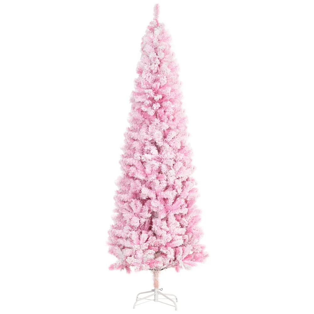 

HOMCOM 7.5' Tall Unlit Snow Flocked Artificial Christmas Tree Slim Pencil Xmas Tree with Pine Shape and Realistic Branches, Pink