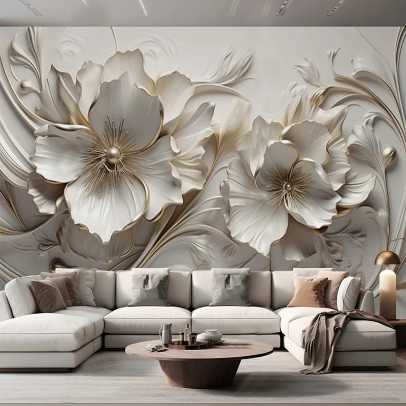 Light Luxury Beautiful 3D Relief Flowers Wallpaper Photo Murals Living Room Bedroom Dining Room TV Home Decor Papel De Parede