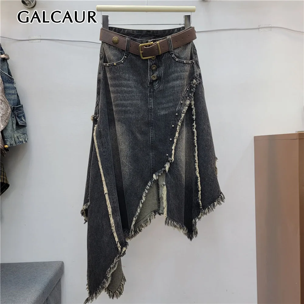 GALCAUR Frayed Spliced Rivet Loose Denim Skirt for Women High Waist Patchwork Button Asymmetrical Casual Skirts Female Fashion