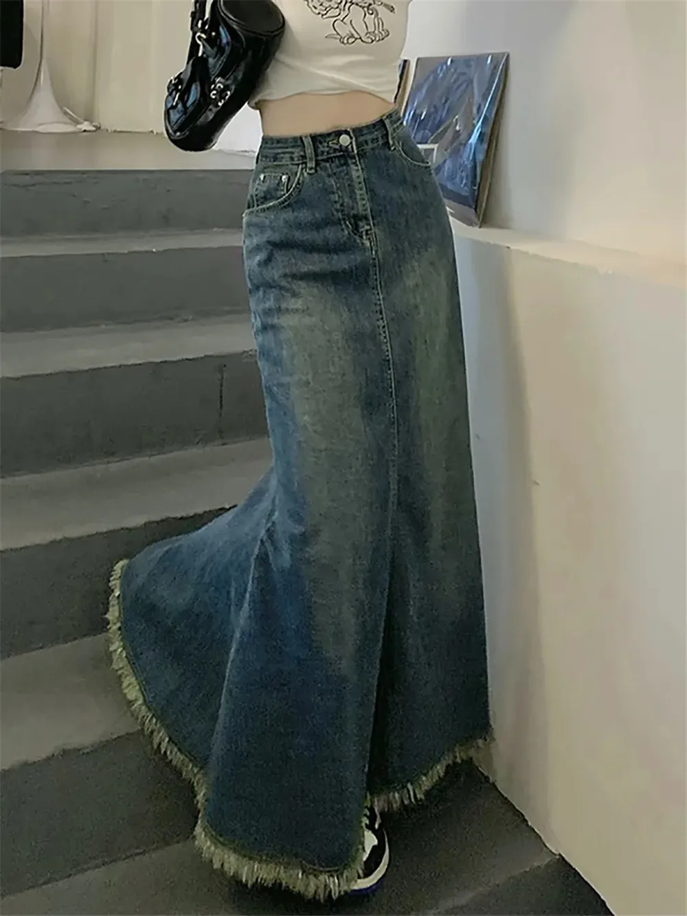 

Vintage Tassels Long Denim Skirt Women Faldas Mujer De Moda Fashion Jupe High Waist Tunic Bodycon Fishtail Y2k Skirt Casual Saia