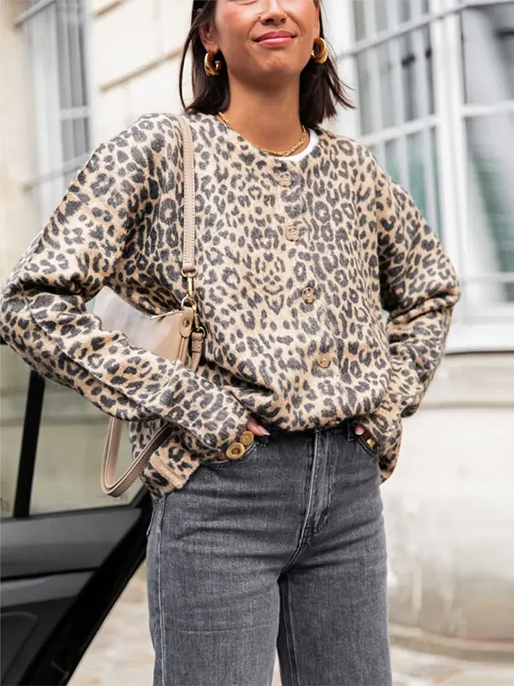 

O-neck Leopard Print Woman's Fashion Long Sleeved Cardigan Casual Slim Fit Single Breast Sweater 2024 New Commuter Coats