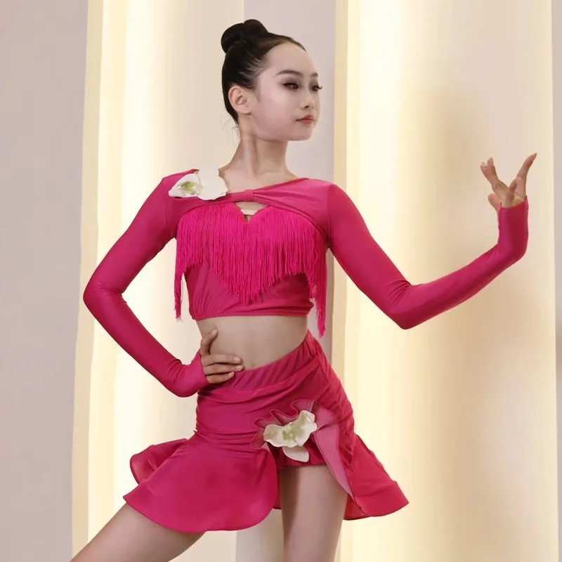 تنورة رقص لاتينية مخصصة للفتيات، أزياء مسرحية، مجموعة فساتين مسابقة قاعة الرقص للنساء