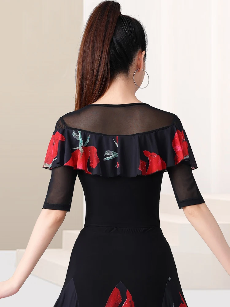 Nova meia manga malha impressão topo de dança de salão roupas femininas padrão nacional chacha rumba trajes de dança moderna dql11736