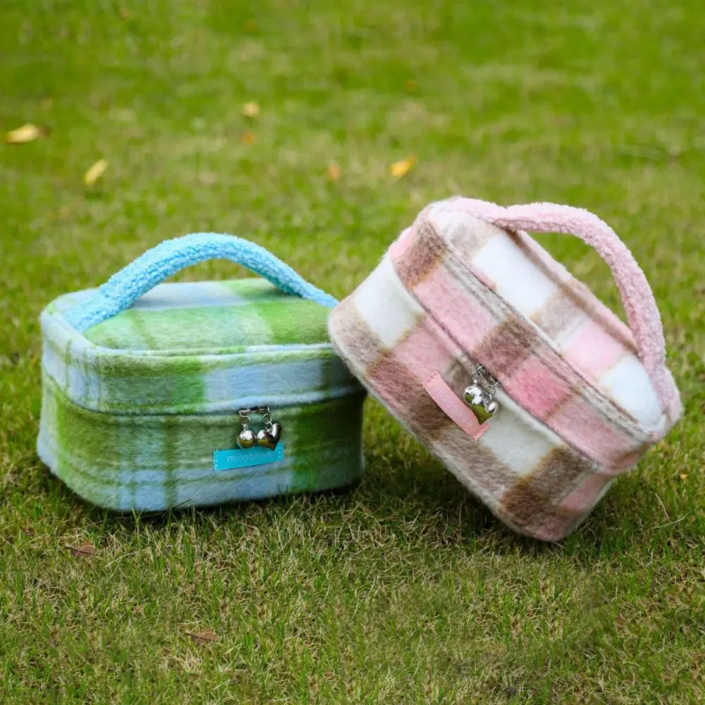 Pink Green Grid Makeup Bag Large Capacity Zipper Closure Travel Toiletry Bag Conveinent Handle Compartmentalized Storage