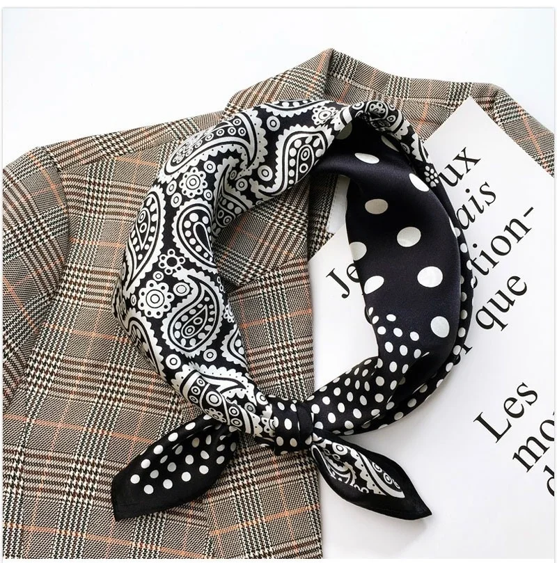 

Черно-белый шарф в британском стиле в горошек, маленький квадратный шарф из 100% шелка для женщин, тонкий шелковый шарф, модные украшения