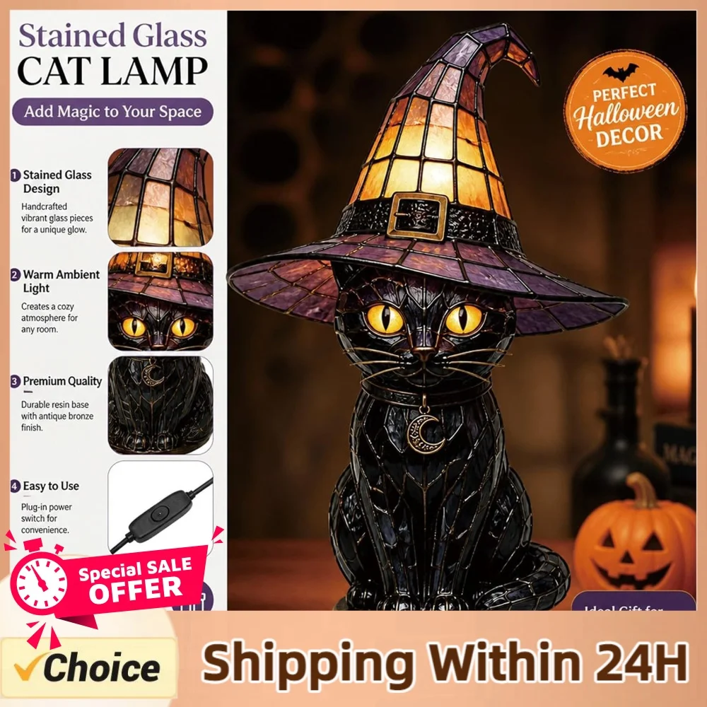 Gothic Cat Wizard Hat Night Light with Moon Pendant for Colorful Witch Hat Desktop Lights USB Powered Creative Reading Book Lamp