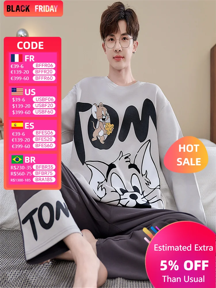 Plus Size Men Pajamas Boy Autumn Winter Long-Sleeved Sleepwear Younger Cartoon Cotton Pijamas Male O-Neck Soft Casual Loungewear