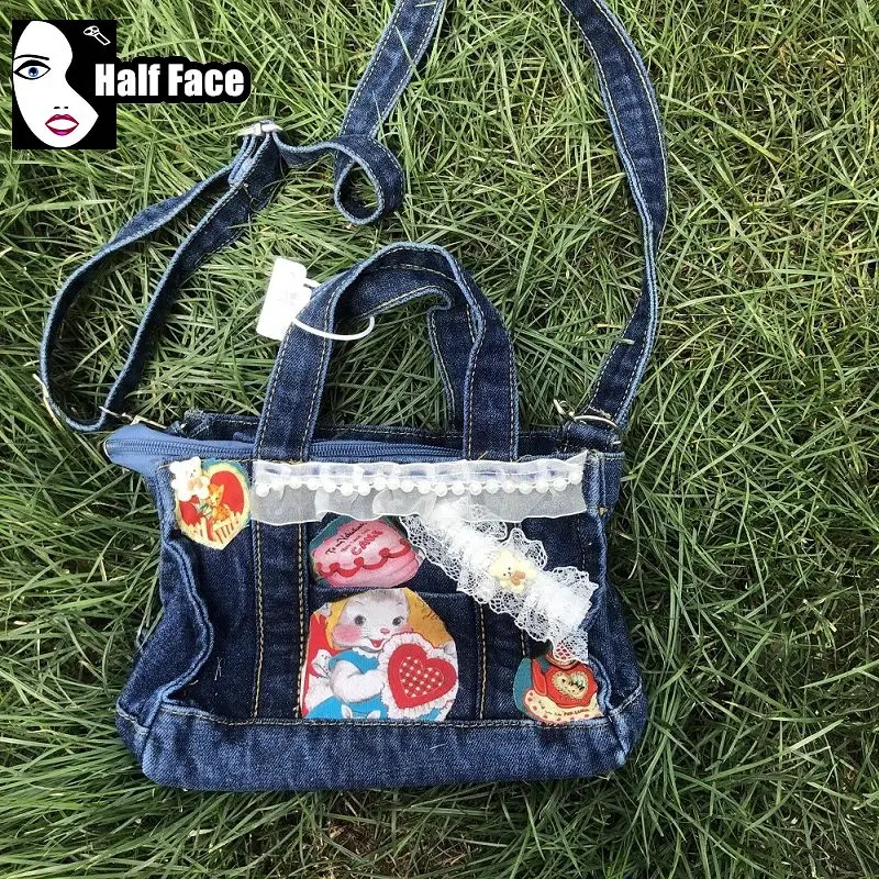 Y2K dziewczęce Harajuku damskie gotyckie punkowe koronkowe perły sprane dżinsy Vintage Cartoon Lolita Mini torby Crossbody