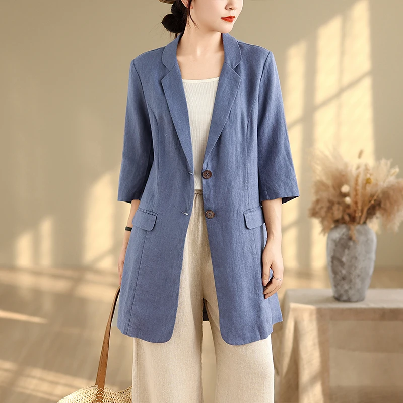 كاجوال Sle قطن كتان ort Sve متوسط الطول للنساء لون أزرق تصميم Blo زر إغلاق لون نقي