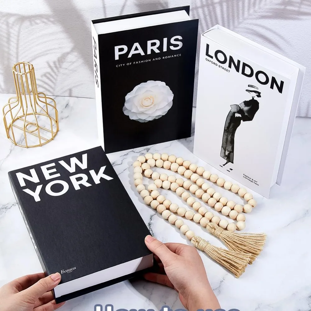 3Pcs Decorative Books for Home Decor Coffee Table Books Faux Book for Decoration Stacked Book with 1Pc Wood Beaded Pendant