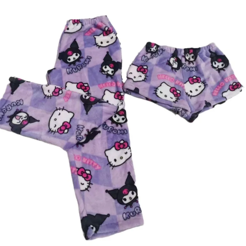 NewHello Kitty Pajamas Flannel Fashion Pants Women Kawaii Wool Anime Cartoon Casual Home Pants Winter Clothing Long Medium Short