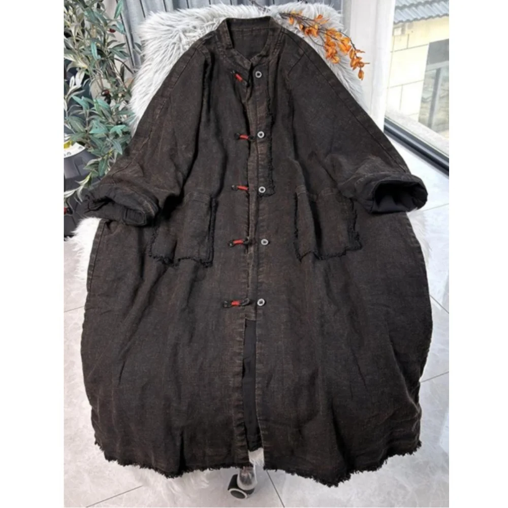 Spring Autumn Chinese Style Cardigan Dress Buckle Stand Collar Artistic Linen Loose Long Coat Jacket Women MCP006